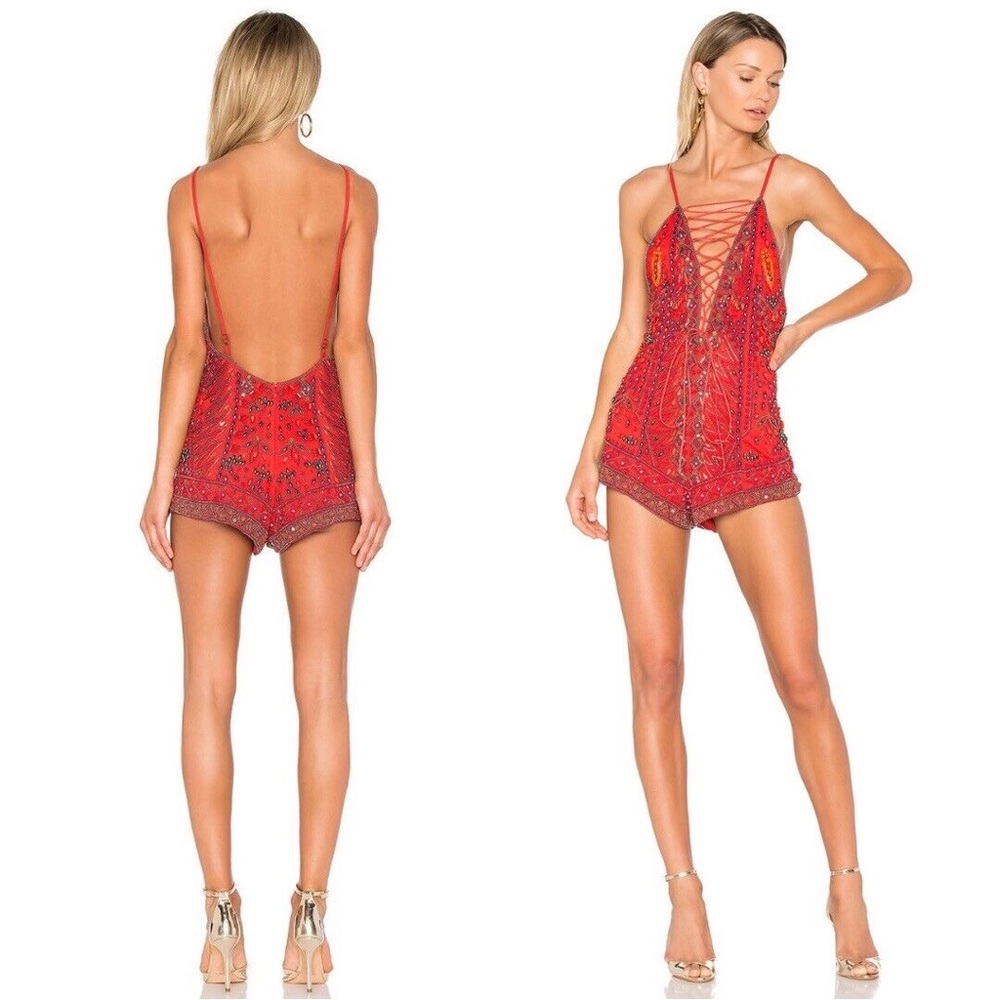 Revolve X by NBD, Red Beaded Backless Romper w/ Plunge Lace-up Front XS